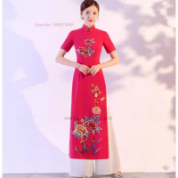 2024 traditional aodai set vietnam cheongsam dress+pants set national flower embroidery vintage qipao dress elegant party dress