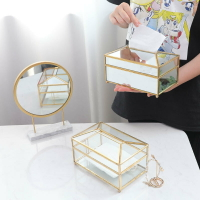 免運 北歐ins風黃銅玻璃紙巾盒創意鏡面抽紙盒家用防塵收納盒簡約輕奢-快速出貨