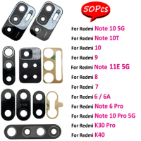 50Pcs，NEW Rear Back Camera Glass Lens With Sticker For Xiaomi Redmi 6A 7 8 9 K30 K40 Note 11E 11 10 11T 5G 10T Pro Plus 11S