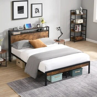Full Size Metal Platform Bed Frame with Wooden Headboard and Footboard with USB, Large Under Bed Storage, Easy Assemble