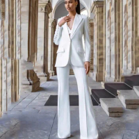 Tesco Women's Pantsuit 2 Piece Blazer With Pearl Bead+Flare Pants Fashion Temperament Female Suit For Various Party Occasions