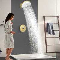Brushed Gold Wall Mounted 320*320mm Shower Head Thermostatic Shower Faucet Set With LED Temperature Display
