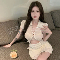 Lza544 - ชุดเสื้อเบลาส์ลูกไม้ 2 ชิ้น เอวสูง เก๋ไก๋ เซ็กซี่