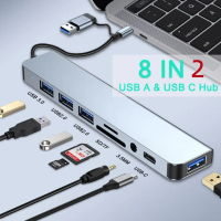 8 in 2 / 7 IN 1USB C HUB ประเภท C ถึงอะแดปเตอร์ HDMI USB3.0 RJ45 เครื่องอ่านการ์ด OTG SD/TF U SDการ์