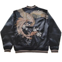 One S Size Black Phoenix Suzaku Embroidered Sukajan Souvenir Jacket Men Boys Vintage Casual Autumn Spring Coats Loose Classic