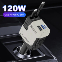 4 in 1 Retractable Car Charger อะแดปเตอร์รถ 120W สำหรับ iPhone/Samsung/Huawei Fast