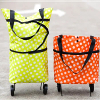Dot Printed Oxford Reusable Shopping Bag Folding Trolley Mute Wheel 5 Colors option