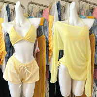|HILARY STYLE| SET BIKINI 4 MÓN XANH VÀNG HOA CÚC ÁO THUN MỎNG TAY DÀI KÈM SET BIKINI VÀ QUẦN SHORT 