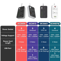 Jalur Kuasa LDNIO SC3604 SC3412 SK3662 SC4407 dengan 3 Soket Sejagat dan 6 Keluaran USB (3.4A/2m)