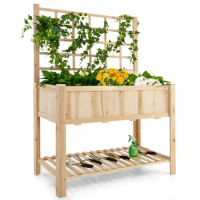 Patiojoy Raised Garden Bed Elevated Wooden Planter Box w/ Trellis &amp; Open Storage Shelf