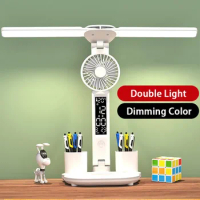 LED Desk Lamp Double Head Multifunctional with Fan Pen Holder Calendar Clock Rechargeable Touch Night Light for Student Studying