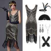 1920s Gatsby Dress 20s Flapper Girl Fancy R Sleeveless Sequins Embroidered Tassels Party Dress With Fan Necklace AccessoriesMM-01