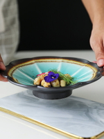 日式復古冰裂紋高腳盤個性創意花邊陶瓷盤 西餐盤點心擺盤菜盤