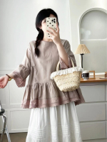 Rapikistore #99152 Pullover Lengan Tiga Perempat Katun Linen Bordir Renda Sulam Manis Motif Jepang K