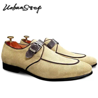 Elegant Mens Monk Shoes Khaki Strap Buckle Suede Loafers Slip on Casual Dress Man Shoes Wedding Office Leather Shoes Men