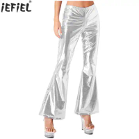 Women Exotic Pants Shiny Metallic Disco Pants Mid Waist Bell Bottom Flared Trousers Cosplay Party Clubwear Performance Costume