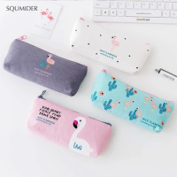SQUMIDER 1PC Cute Flamingo Canvas Pencil Cases Stationery Storage Pen Bag Gifts School Office Pencil Bags Lovely Pencil Pouch
