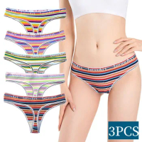 3PCS/Set G-string Women Cotton Panties Female Low Waist Thongs Seamless Underwear Sexy Lingerie Rainbow Striped Underpants M-XL