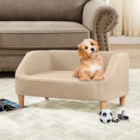 30" beige Pet Sofa, Dog Sofa, Cat sofa, Cat Bed, Pet Bed, Dog Bed, Cat Bed, rectangle sofa with movable cushion, with wood style