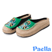 【Paella】平底拖鞋 包頭拖鞋/復古民族風國劇臉譜刺繡亞麻透氣包頭平底拖鞋(綠)