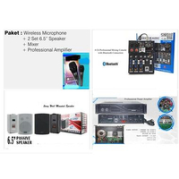 PAKET SOUND SYSTEM INDOOR / KARAOKE ( WIRELLES MICROPHONE + 2 SET SPEAKER 6.5 INCH + POWER MIXER 4 C