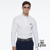 【Lynx Golf】男款吸汗速乾抗UV山型紋釘扣款長袖立領POLO衫-白色