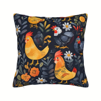 1pcs 2D Flat Dua Belah Sarung Bantal Roost Desa Dua Belah dengan Ayam Terang dan Rekaan Bunga, Polie