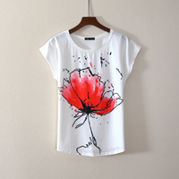 女裝短袖寬松圓領花朵印花創意簡約T恤衫上衣服潮