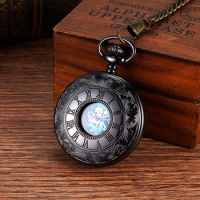 Large mechanical watch hollow Rome double open mechanical pocket watch thick chain chain pocket watch black silver