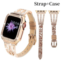 Diamond Leather Strap＋Watch Case For Apple Watch 8 7 45mm 41mm Ultra 49mm Women Exquisite Band iWatch 6 5 4 3 SE 44mm 40mm Belt