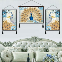 復古客廳背景墻歐式裝飾畫美式掛畫玄關高端壁畫三聯畫藍孔雀掛毯