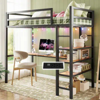 Loft Bed Twin Size with L Shaped Desk and Shelves,Heavy Duty Metal Loft Bed Frame with Power Outlet and LED Lighted,Space-Saving