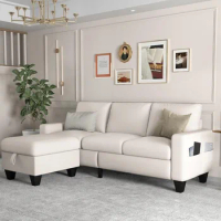 Convertible combination sofa, linen fabric modern 3-seater L-shaped soft cushion sofa, with storage footstool and living room