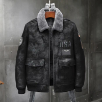 Mens Black Sheepskin Shearling Jacket Leather Jacket A2 Airforce Flight Coat Mens Winter Fur Jacket