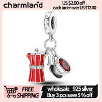 Charms 925 Sterling Silver Fits Original Pandora Bracelet Red Gig Zircon Coffee Cup Moka Pot Enamel Fine Charms For Women Gifts