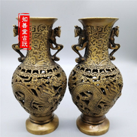 特價仿古純銅大號鏤空龍鳳花瓶擺件一對家居裝飾禮品古玩銅器收藏