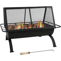 Firepit, 36-Inch Northland Outdoor Rectangular Fire Pit with Cooking Grill, Poker, and Spark Screen, Outdoor Fire Pit
