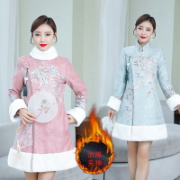 秋冬季中國風少女復古宮廷印花唐裝加厚毛領棉服改良旗袍棉襖1入