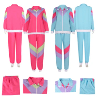 Retro 80S Hippie Disco Cosplay Women Costume Blue Pink Performance Jacket Coat Pants Sportswear Outfits Halloween Party Suit