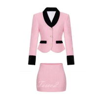 Tesco Women Pink Skirt Sets Woolen Patchwork Blazer+High Waist Short Skirt For Fall Winter Office Lady Elegant Female Suit Set