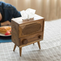 實木收音機復古紙巾盒擺件創意多功能收納抽紙盒茶幾裝飾餐巾紙盒