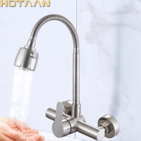 Wall Mounted Stream Sprayer Kitchen Faucet Single Handle Dual Holes SUS304 Stainless Steel Swivel Faucet 360 Degree Rotation