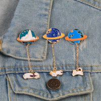 Cute Planet Rabbit Horse Cat Metal Brooch Chain Pins Denim Jackets Collar Pin Cartoon Animal Jewelry Button Badge For Women Men