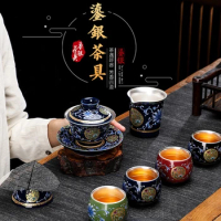 Tea Set Ceramics Enamel Color Kungfu Hand Silver Plated Inner Liner One Pot Four Cups Two Customized Office Home Business Gifts