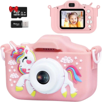 กล้องเด็ก, กล้องดิจิตอลเด็ก 1080P, พร้อมการ์ด TF 32GB, ฝาครอบกล้องยูนิคอร์น, วิดีโอ HD, 5 เกมการศึกษ