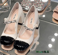 UU代購#MiuMiu方跟瑪麗珍鞋新款復古拼色珍珠一字帶瑪麗珍鞋女公主-Misaki精品