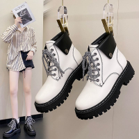 韓版系帶馬丁靴女秋冬單靴2024新款時尚粗跟厚底英倫風加絨加棉靴