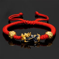 Feng Shui Wealth Gold Color Pixiu Bracelets For Women Men Handmade Woven Red Black Rope Chinese Style Bracelet Good Luck Jewelry
