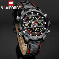 NAVIFORCE Top Brand Luxury Red Men Watch Quartz Digital Male Clock Military Sport Genuine Leather Business Man Wristwatch 9194