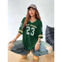 เสื้อยืดผู้หญิงลายพิมพ์ “Enjoy Freedom 23” คอวี แขนสั้น ผ้าตาข่าย สไตล์เจอร์ซีย์ฟุตบอล ทรงหลวมโอเวอร